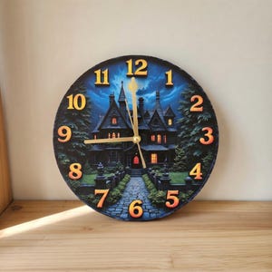 Gothic Haunted House Wall Clock – Silent Quartz Movement, Spooky 2D Print Decor