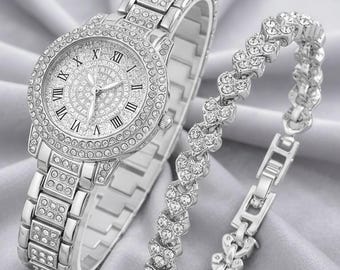 Silver Watch and Heart Bracelet Set – Roman Numeral Dial Quartz Jewelry