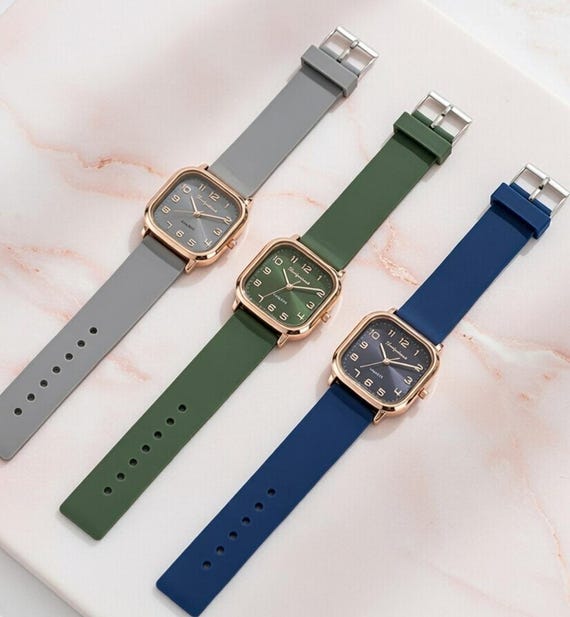 Square Women's Watch – Blue, Grey, Green Silicone Strap, Alloy Case, Quartz Wristwatch