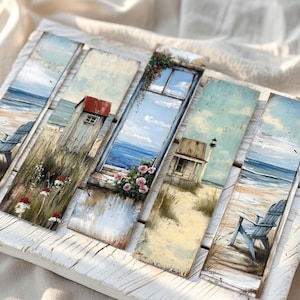 May include: A collection of five rectangular wooden art pieces depicting coastal scenes. Each piece features a different beach or ocean view, including a beach chair, a lighthouse, and a window with flowers. The artwork is painted in soft, muted colors.