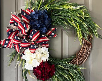 Red White Blue Hydrangea Wreath, American Flag Bow, Patriotic Front Door Decor