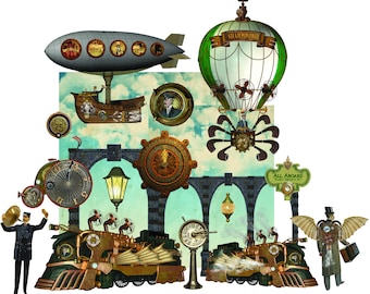 Voyages Extraordinaries Steampunk -  Miniature Digital Image Set Clip Art - Separate Images - Digital Printable - Instant Download (5023)