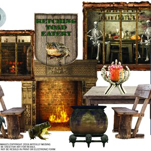 May include: A Halloween-themed restaurant scene with a fireplace, a cauldron, a table with chairs, and a sign that reads "Refurbing Toad Emporium". There are also various decorative elements, including a skull, a skeleton, and a cauldron.