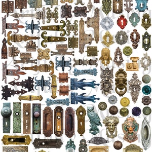 以下が含まれることがあります： ヒンジ、ドアノブ、キーホール、その他の装飾的な要素を含む、ビンテージスタイルの金属製金具のコレクション。金具は、真鍮、銅、鉄など、さまざまなスタイルと仕上げで提供されています。