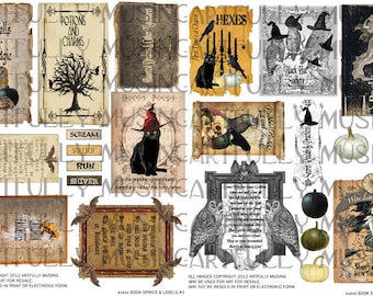 May include: A collection of vintage-style Halloween themed digital papers featuring images of owls, black cats, pumpkins, and text such as "Spells & Magic", "Potions and Charms", "Hexes", and "Witching Hour".
