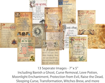 May include: Thirteen vintage-style printable cards with text and illustrations related to witchcraft and magic. The cards feature titles such as "Witches Brew", "Curse Removal", "Banish a Ghost", "Raise the Dead", "Sleeping Curse", "Transformation", "Love Potion", "Protection from Evil", and "Moonlight Enchantment".