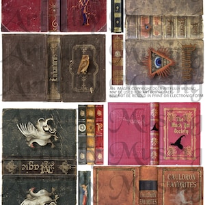 Può includere: Un collage digitale di copertine di libri vintage con un tema magico. Le copertine presentano illustrazioni di gufi, grifoni e un calderone. Il testo sulle copertine include "Potions and Charms", "Enchantments", "The Black Hat Society" e "Cauldron Favorites".