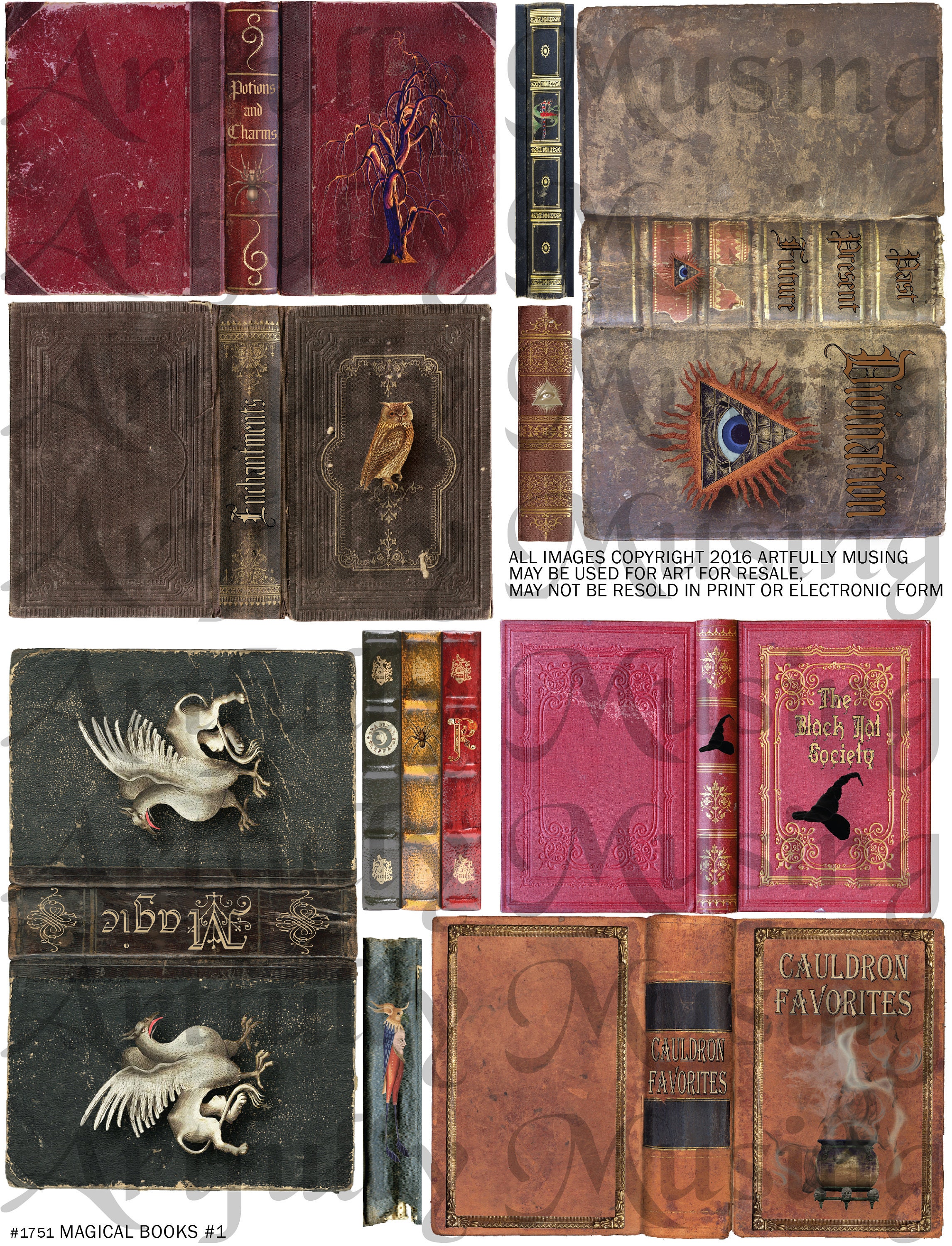 Magical Book Covers #1- Spells Potions Charms Halloween Collage Sheet-  Digital Printable - Instant Download (1752)