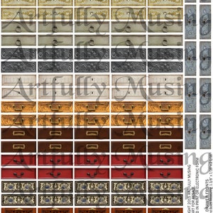 Puede incluir: Un paquete de papel digital de 20 frentes de cajones vintage en varios estilos y colores. Los frentes de cajones están diseñados para adaptarse a cajas de 3,5 cm por 1,1 cm por 5,3 cm.