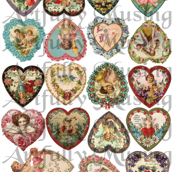 Vintage Valentines Hearts Collage Sheet- Digital Printable - Instant Download (3009)