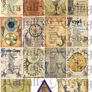 Könnte beinhalten: Ein Satz von 10 druckbaren digitalen Collage-Blättern mit Vintage-Illustrationen und Texten zum Thema Magie, Zauber und Tränke. Die Bilder sind im Pergament-Stil mit einem vergilbten Hintergrund und zeigen verschiedene Symbole, Illustrationen und Texte.