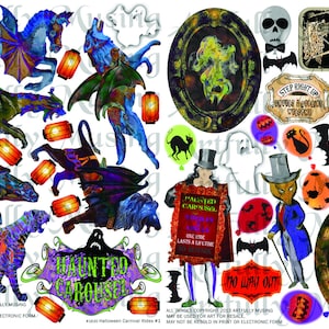 2 Sheet Set Halloween Carnival Rides #1 - Haunted Carousel Miniature Ride Collage Sheet - Digital Printable - Instant Download (1630)