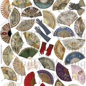 Miniature Fans & Gloves Vintage Fashion Ephemera Collage Sheet- Digital Printable - Instant Download (2219)