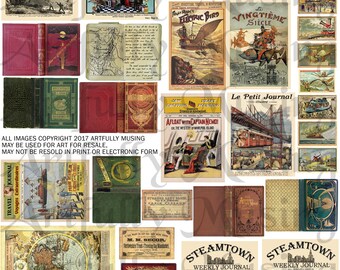 Steampunk Explorers Books & Magazines Collage Sheet- Digital Printable - Instant Download (1778)