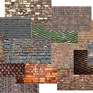 Op de afbeelding: Een collage van verschillende dakpantexturen en baksteenpatronen. De dakpannen zijn in verschillende kleuren, waaronder bruin, grijs, groen en rood. De bakstenen zijn in tinten rood, bruin en grijs.