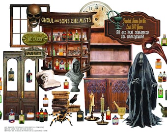 Ghoul & Son's Chemist Grimsley Village Miniature Halloween Separate Image Set Clip Art - Digital Printable - Instant Download (5035)