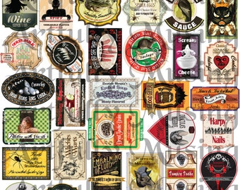 May include: A set of 36 Halloween-themed printable food and drink labels. The labels feature various spooky and whimsical designs, including witches, vampires, werewolves, and other creatures. The labels are perfect for adding a touch of Halloween fun to your food and drinks.