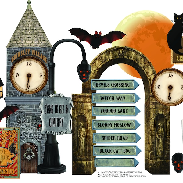 Grimsley Dorf Miniatur Halloween Town Square - Separates Bild Set ClipArt - Digital bedruckbar - Sofort Download (5041)