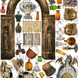 May include: A digital collage of vintage alchemy and witchcraft imagery. The image features a stone archway, a cauldron, a mortar and pestle, a skull, a dragon, a griffin, a book of spells, and various bottles and jars. The text "#1678 ALCHEMIST'S WORKSHOP" is at the bottom of the image.