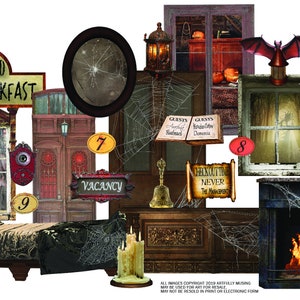 Peut inclure: Une illustration vintage et effrayante d'une maison d'hôtes hantée. L'image présente une enseigne qui indique "Buzzard Bed & Breakfast", une horloge, un lit, une cheminée, une fenêtre avec un fantôme et une variété d'autres détails effrayants.