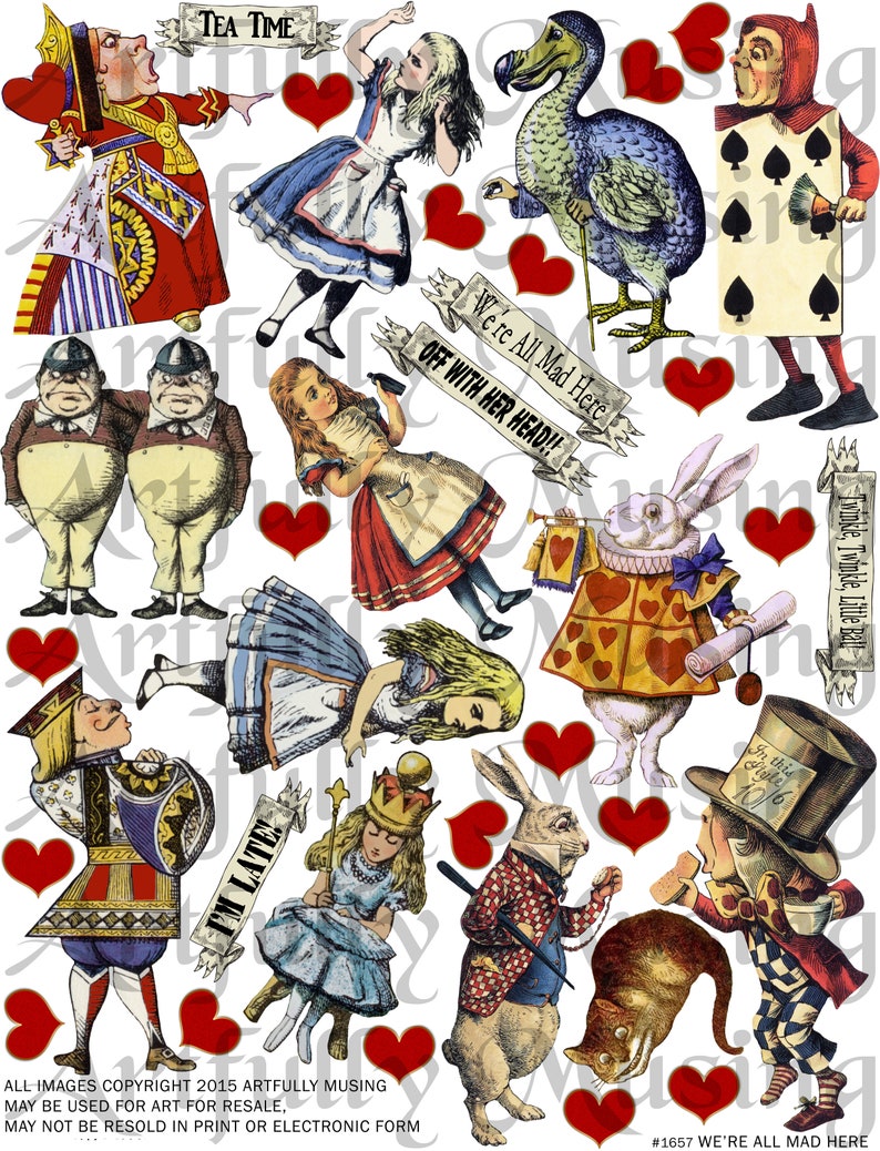 May include: A collection of colorful illustrations from Alice in Wonderland. The images include the Queen of Hearts, the Mad Hatter, the Cheshire Cat, the White Rabbit, and Alice herself. The images are perfect for scrapbooking, card making, or other craft projects.