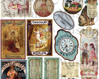 Chocolate Shop - Vintage - Miniature French -Posters Signs Clock Invoices -etc. Collage Sheet- Digital Printable - Instant Download (2203)