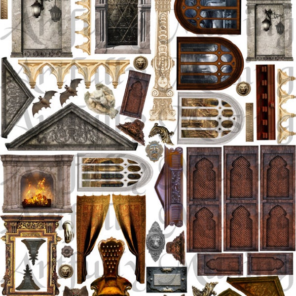 Mini Gothic Architecture -  Miniature Halloween Collage Sheet- Digital Printable - Instant Download (1722)