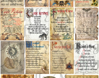 May include: A collection of nine vintage-style illustrations on parchment paper with text and images related to magic and witchcraft. The illustrations include spells for transformation, curse removal, sleeping curse, raising the dead, banishing a ghost, protection from evil, and more.