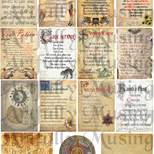 Magical Book Pages - Spells Potions Charms Halloween Collage Sheet- Digital Printable - Instant Download (1753)