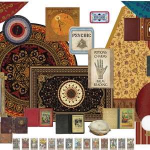 May include: A collection of vintage fortune telling and mystical themed items, including a crystal ball, tarot cards, a palm reading sign, a compass, a rug with an intricate design, and a sign that reads "Madam Rue".