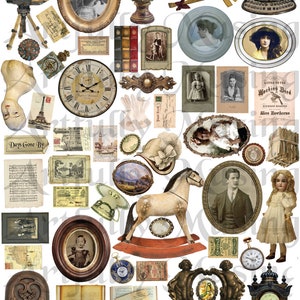 May include: A collection of vintage images and objects, including a rocking horse, a clock, a framed photo, a book, a doll, a typewriter, and a music sheet. The images are in a variety of styles and colors, and they are all reminiscent of a bygone era.