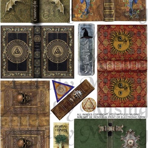 May include: A collection of vintage-style magical books with intricate designs. The covers feature bats, mermaids, suns, and geometric patterns. Some books have titles like "Creatures of the Night" and "Sea Creatures". The image includes text: "Herbal Charms".
