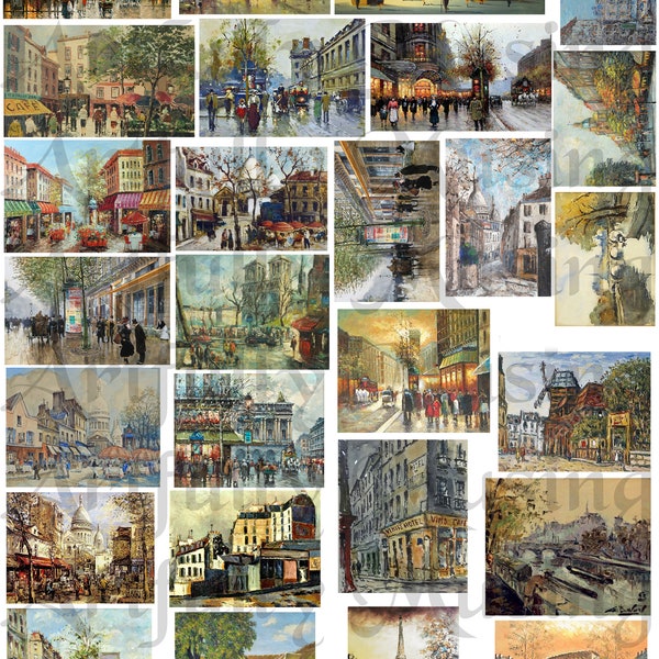 Miniature Paris France Paintings Ephemera Collage Sheet- Digital Printable - Instant Download (2222)