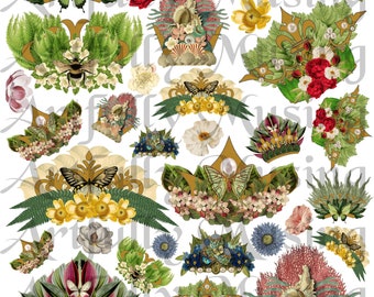 Nature's Crowns Fairies Collage Sheet - Digital Printable - Instant Download (1662)