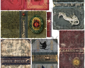 May include: A collection of vintage book covers with a magical theme. The covers feature illustrations of a cat, a raven, a sun, a moon, an eye, and a dragon. The titles include "Secret Rituals", "Haunted Dreams & Other Nightmares", "Dragons", "Hexes", "Curses", "Charms", and "Hocus Pocus".