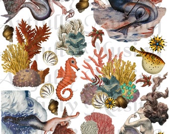 The Deep Blue Sea Mermaids Collage Sheet- Digital Printable - Instant Download (1617)