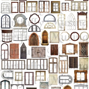 Tiny Old Windows and Shutters Architecture Collage Sheet - Digital Printable - Instant Download (3036)
