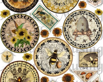 Bees Medallions Faux Postage Collage Sheet- Digital Printable - Instant Download (1646)