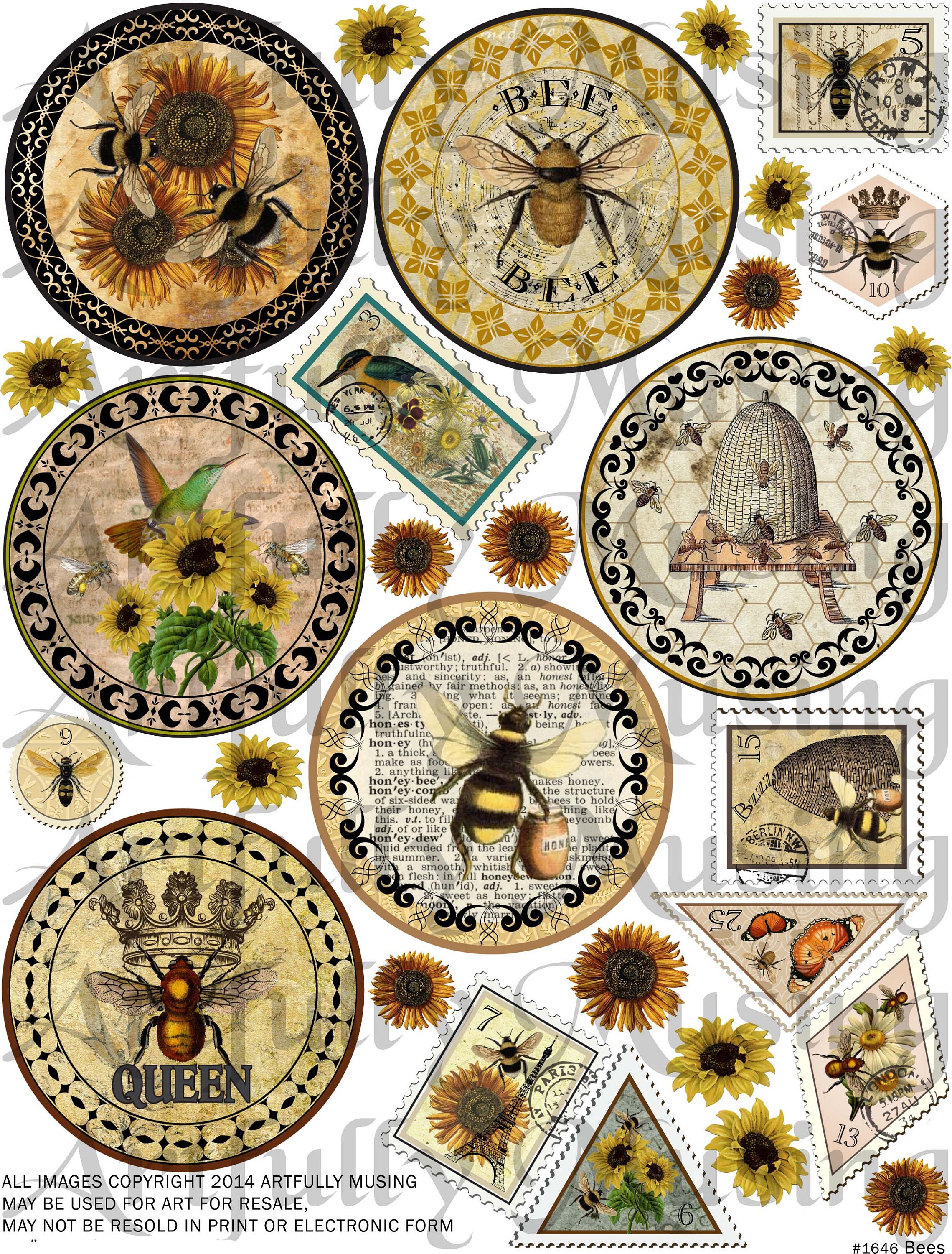 Bees Medallions Faux Postage Collage Sheet- Digital Printable - Instant Download (1646)