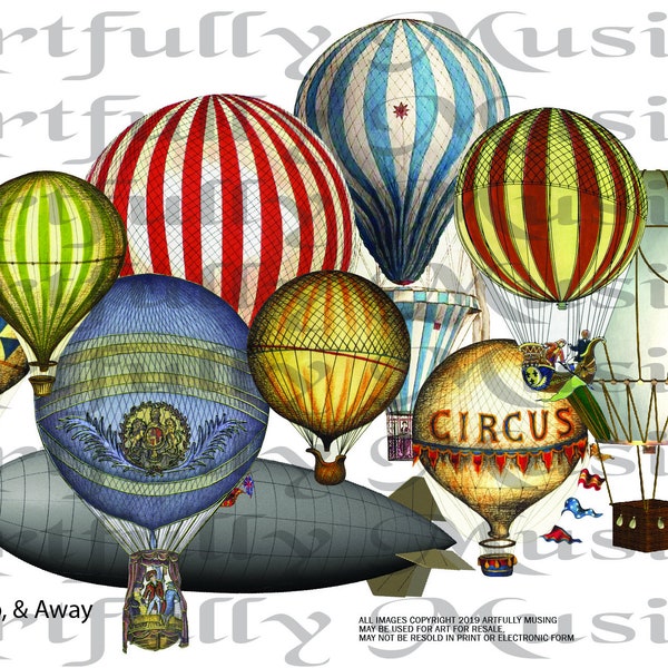 Up, Up and Away Hot Air Balloons & Dirigible - Separate Images -  Digital Image Set Clip Art - Digital Printable - Instant Download (5022)