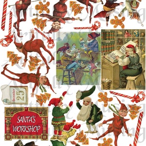 Christmas Elves in Santa&#39;s Workshop North Pole Collage Sheet - Digital Printable - Instant Download (1793)