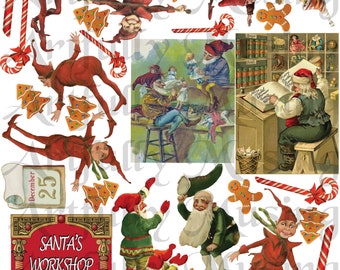 Christmas Elves in Santa's Workshop North Pole Collage Sheet - Digital Printable - Instant Download (1793)