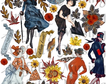 Falling Leaves 1920's Women Collage Sheet- Digital Printable - Instant Download (1635)