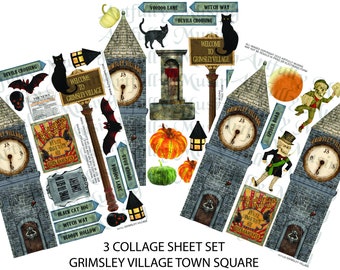 3 Sheet Set - Grimsley Village Town Square - 3D Tower - Miniature Halloween Collage Sheet- Digital Printable - Instant Download (1711)