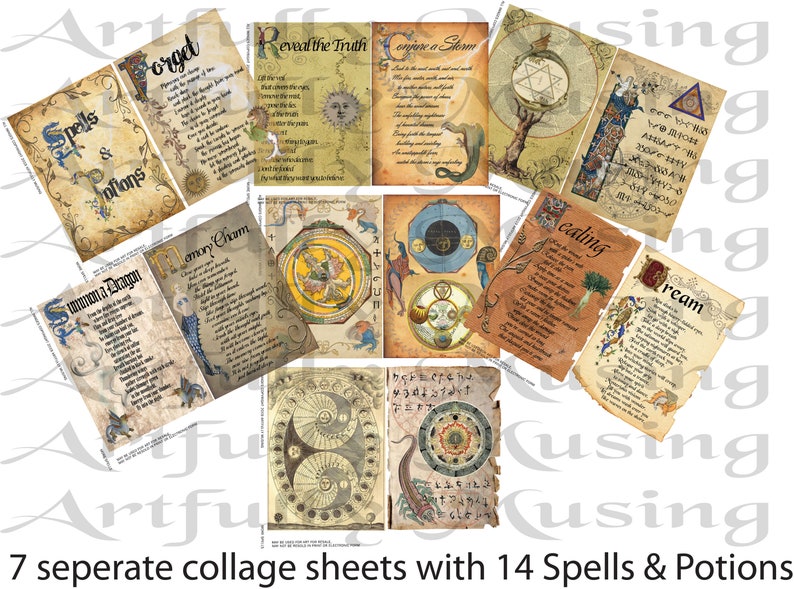 Large Magical Potion Spell Book Pages #2 - 7 Page Collage Sheet Set ...