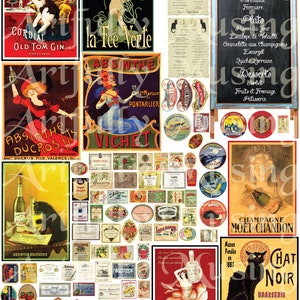 May include: A vintage collage of French-themed images, including advertisements for absinthe, a black cat cafe, and a champagne brand. The images are in various styles, including art nouveau and vintage illustrations. The collage is perfect for adding a touch of French charm to any home decor.
