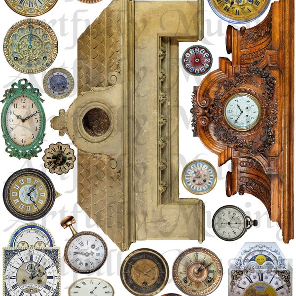 Tick Tock Clocks and Pediments -  Collage Sheet- Digital Printable - Instant Download (1613)