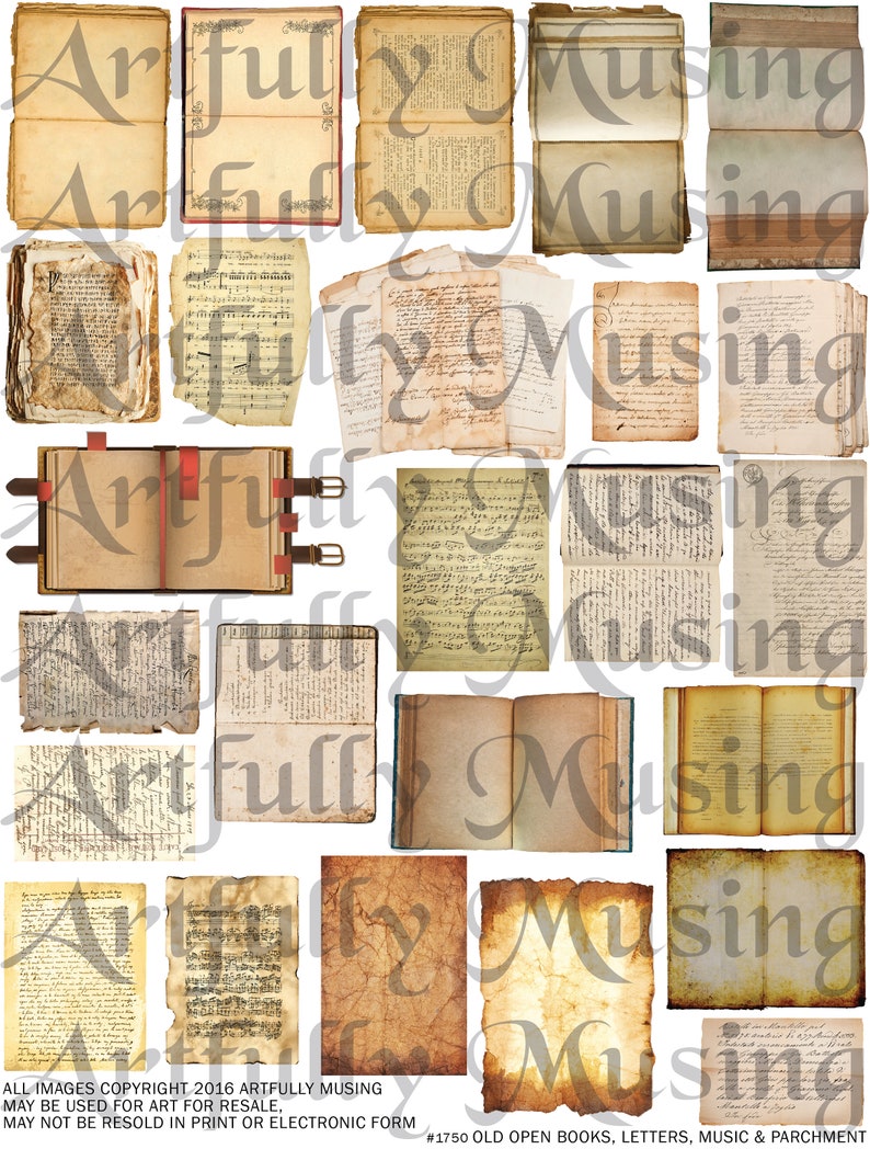 May include: A collection of 18 vintage open books, letters, music sheets, and parchment paper. The pages are aged and yellowed with time, and some have handwritten text.