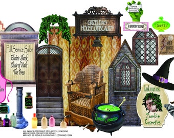 Grizelda's House of Beauty Grimsley Village Miniature Halloween Separate Image Set Clip Art - Digital Printable - Instant Download (5033)