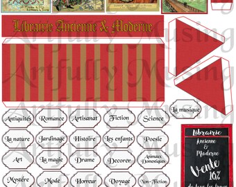French Bookstore - Vintage - Miniature - Posters Signs Awnings -etc. Collage Sheet- Digital Printable - Instant Download (2220)